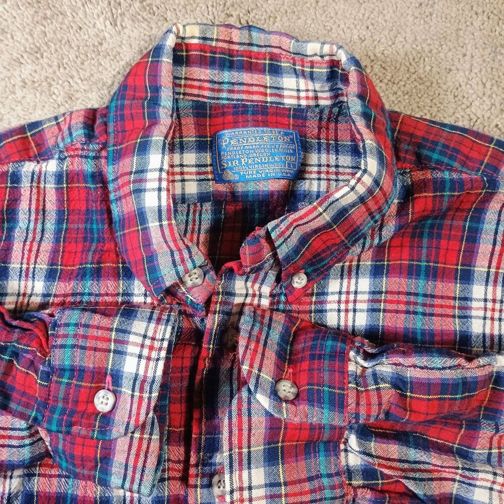 Pendleton Flannel Shirt Women‎ L Red Blue Plaid Sir Pendleton Wool Button Down